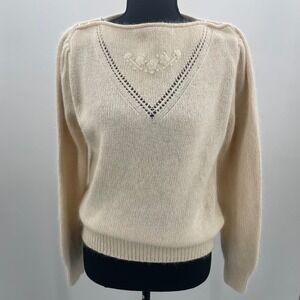 Vintage‎ It's Pure Gould Silk Angora Lambswool Sweater Cream Floral Pearl Large